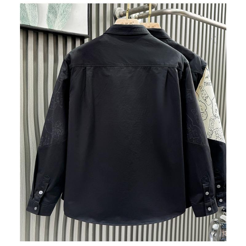 Men's Graffiti Print Patch Pocket Long Sleeve Button Down Shirt Casual Streetwear Top