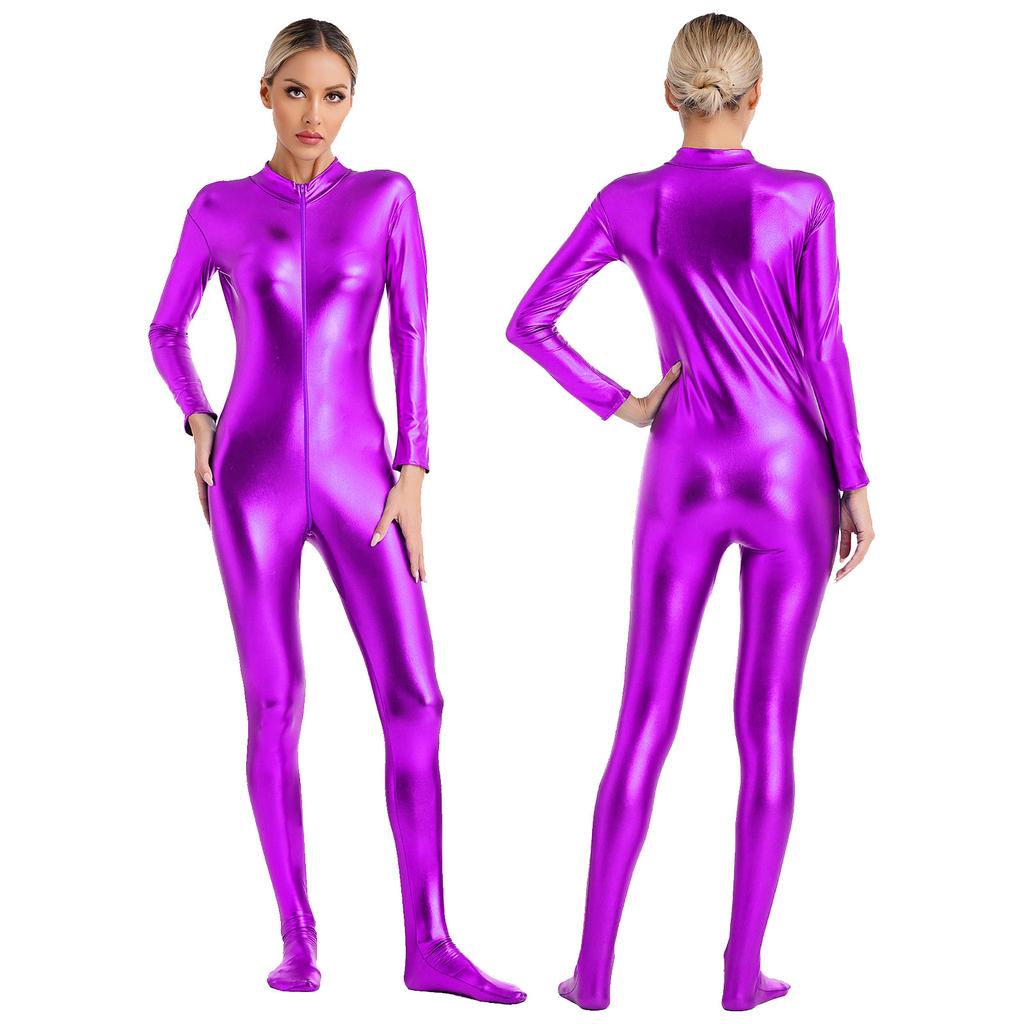 Womens Metallic Shiny Zentai Jumpsuit Mock Neck Long Sleeve Front Zipper Full Body Unitard Tights for Dance Performance