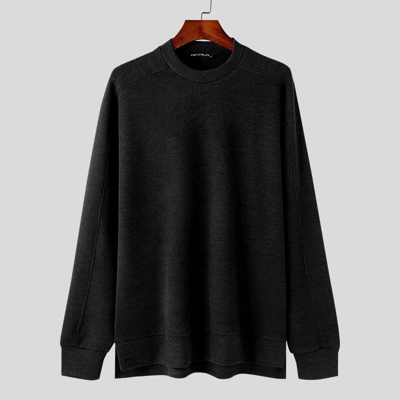 INCERUN Men Autumn Thick Woolen Knitted Pullovers Solid Color High Low Sweaters