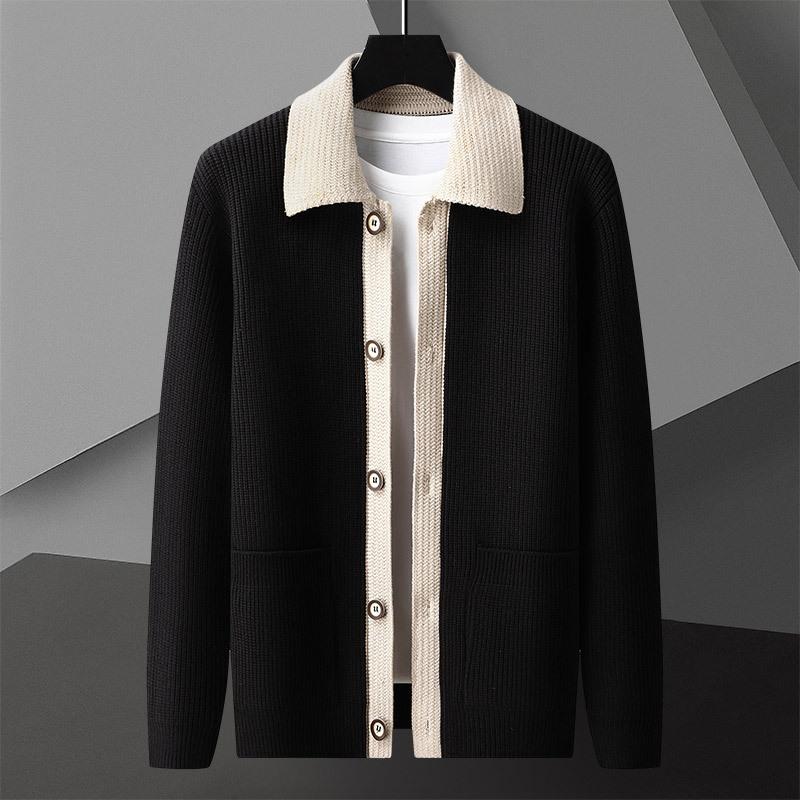 Men Autumn Winter Splicing Knitted Cardigan Pocket Korean Style Sweater Jacket