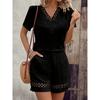 Frühling/Sommer Damen V-Ausschnitt Patchwork Kurzarm Unifarbene Bluse + Shorts Set Für Damen