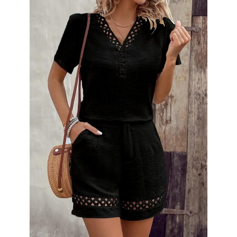 Frühling/Sommer Damen V-Ausschnitt Patchwork Kurzarm Unifarbene Bluse + Shorts Set Für Damen