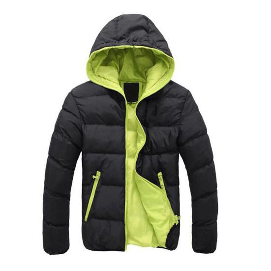 Men Color Block Zipper Hooded Cotton Padded Coat Slim Fit Thicken Outwear Jacket