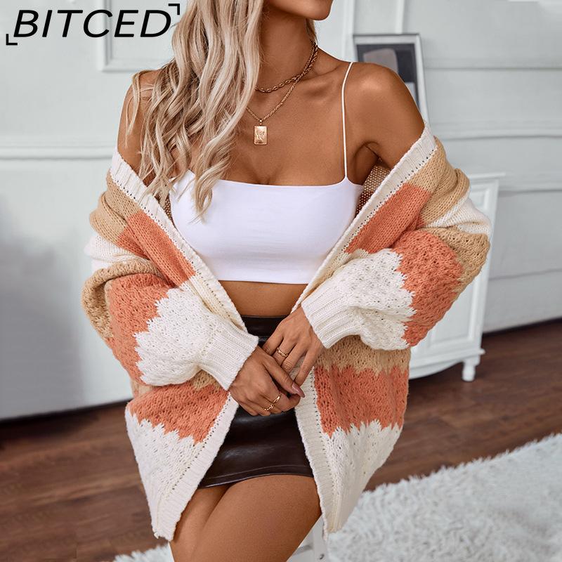 BITCED Colour-Block Striped Cardigan for Women Autumn/Winter Casual Oversized Knitwear with Bell Sleeves