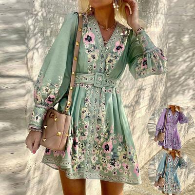 2025 Autumn New Style, Women's Wear, Long Sleeve, V-neck, Loose, Printed, Bohemian, Dress, Retro Flower Pattern