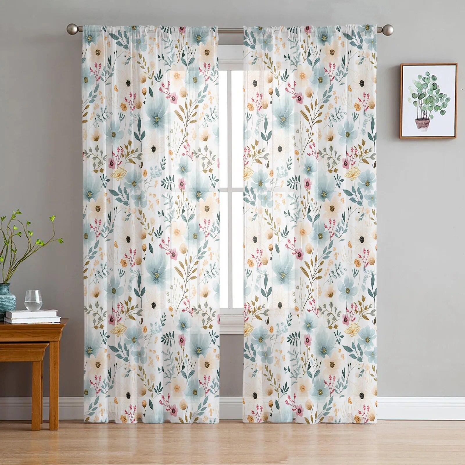 

Акварельные растения, цветочная текстура, прозрачные прозрачные шторы для спальни, праздничное украшение, оконная вуаль, тюлевая занавеска 135W x 114H(cm)