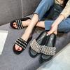 Fashion Big Size 33-44 Women Pearl Beaded Shoes Summer Tweed Slippers Flats Sandals Ladies Rivet Slippers Open Toe Slides Home Pantuflas