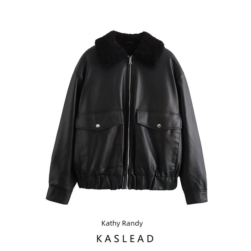 Kaslead New Arrival Women's Clothing Fashion Style Stylish Simple and Versatile Imitation Leather Loose Jacket Coat 3046519