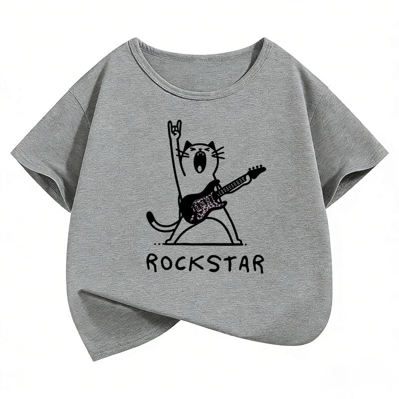 Short Sleeve Rock Star with Music Cat T Shirts Hip Hop Kids Children's T-shirt Boys Girls Summer Spring Casual Top Tee Shirt