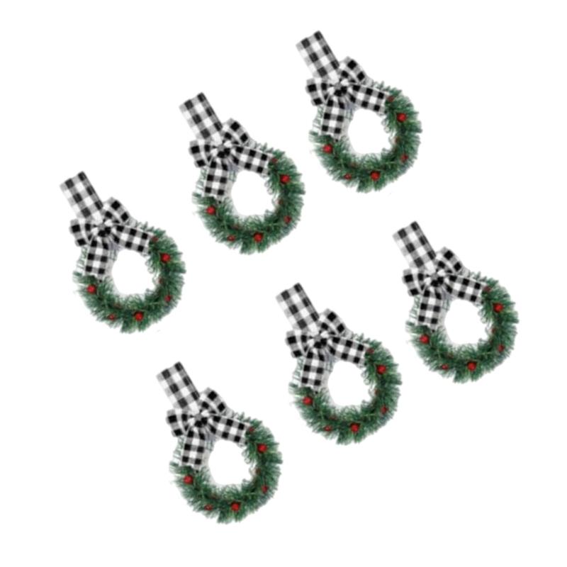 6Pcs Small Christmas Wreaths Artificial Berries Wreath with Ribbon Bows for Kitchen Cabinet Porch Front Door Wall