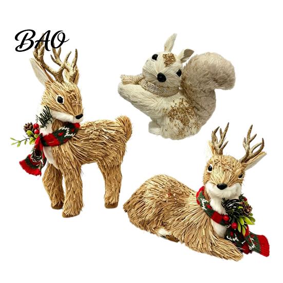 Forest Atmosphere Party Supplies Handmade Straw Deer/Squirrel Christmas Ornaments with Scarf, Retro Pastoral Style Natural Fiber Rustic Animal