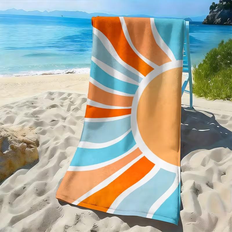 Retro Boho Sun Print Beach Towel Orange Blue Sunburst Pattern Towel Soft Absorbent Quick Dry Beach Blanket for Summer