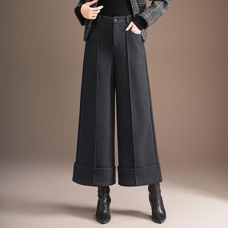 

Women s High Waist Wide Leg Woolen Pants - Winter Slimming Cuffed Cropped Trousers 3XL чорний колір сірий