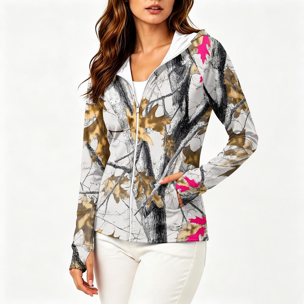 Women's Lightweight Zip-Up Hooded Jacket with Long Sleeves Pockets and Camouflage Print Sun Protection Outerwear