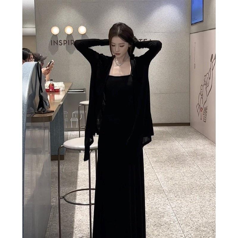 Early Autumn Set: Ice Silk Camisole Dress with Skirt, Jacket, and Cape