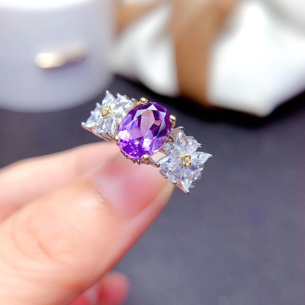 Imitation Amethyst Micro-Set Ring Female, Sunflower Small Daisy Two-Color Electroplated Light Luxury Colored Treasure Ring