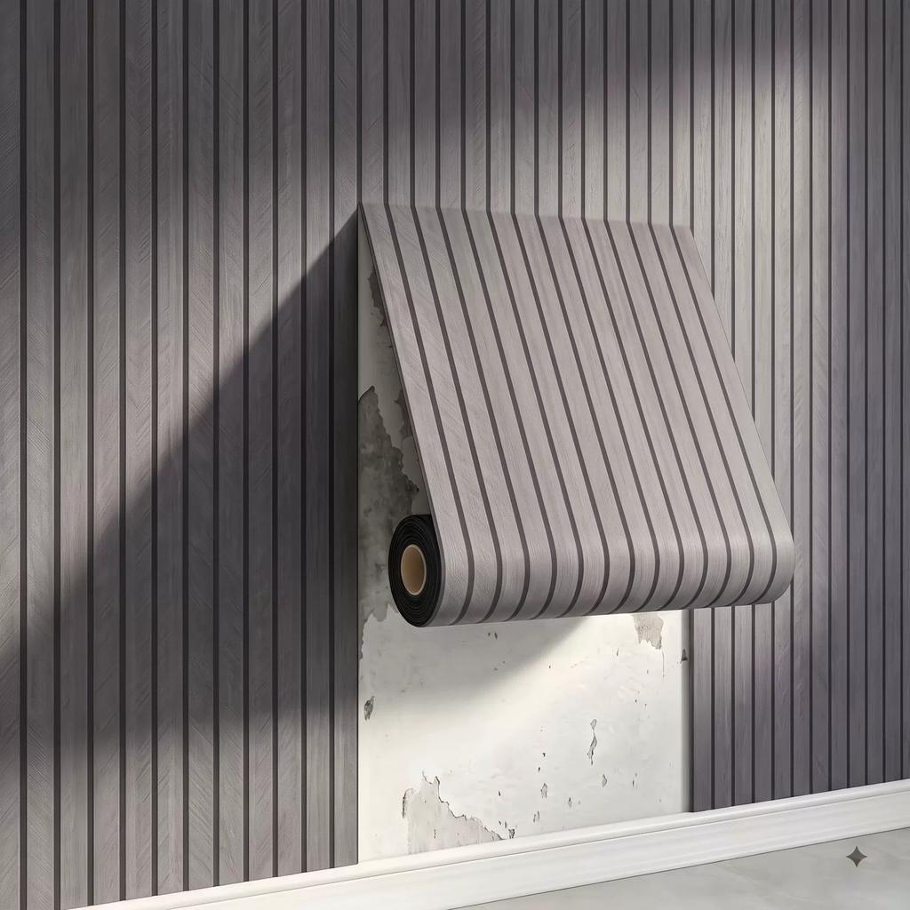 Self-adhesive Wood-grain Slat-effect Wall Sticker – 3D Grooved Grid-stripe Panel Wallpaper Roll