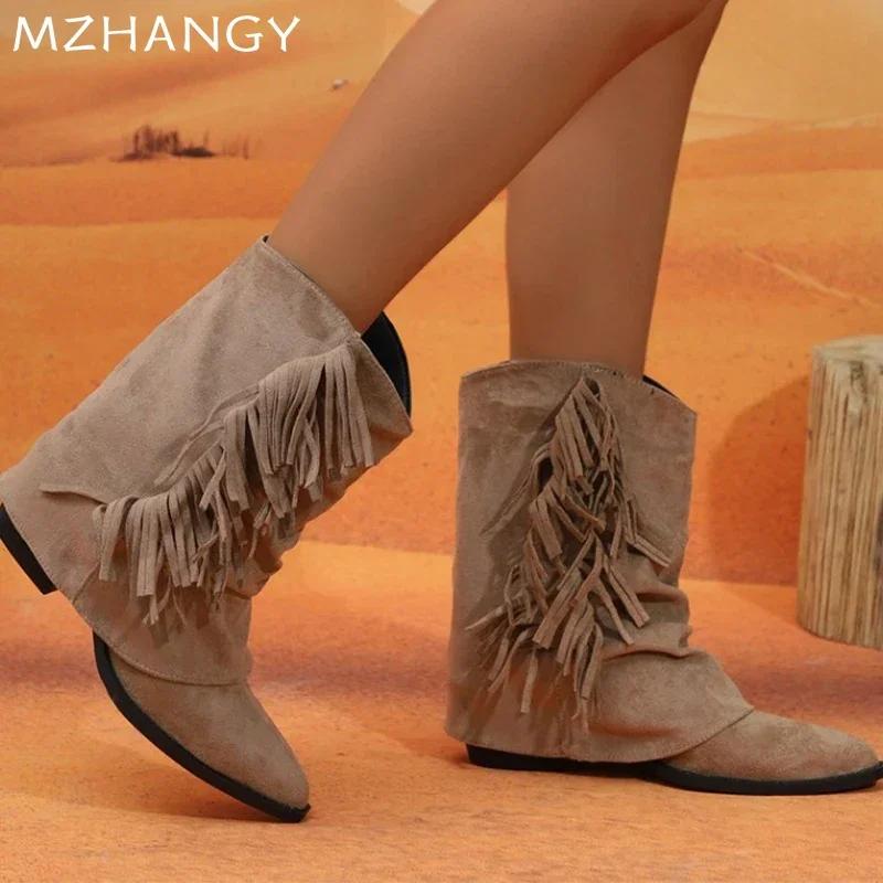 Fashion Suede Women Mid Calf Boots Pointed Toe Fringes Designer Shoes Woman 2024 Trend Snow Boots New Chelsea Boots Winter Mujer Botas