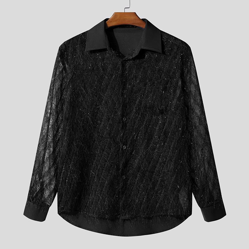 

INCERUN Мужские рубашки топы с лацканами, длинными рукавами, блестками, кисточками, пэчворком и прозрачной сеткой 3XL