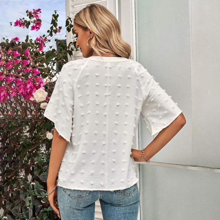 Women Casual Loose V-Neck Pullover Top Solid Color Blouse Half Sleeve Shirt Spring Summer S-XL