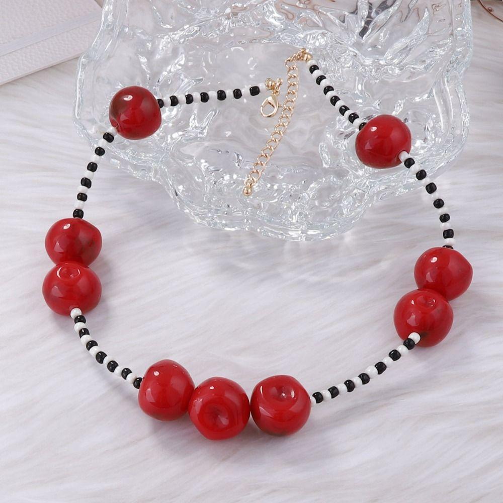 Minority Design Fruit Cherry Necklace Handmade Y2K Clavicle Chain Red Bead Necklace  Women