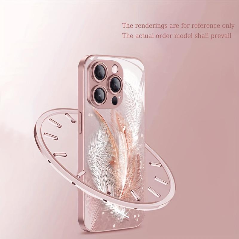 Stylish Dreamy Feather Pattern Pink Metallic Glass Phone Case For iPhone 11 12 13 14 15 16 17 Pro Max 15 Plus 17 Air 16E Cover