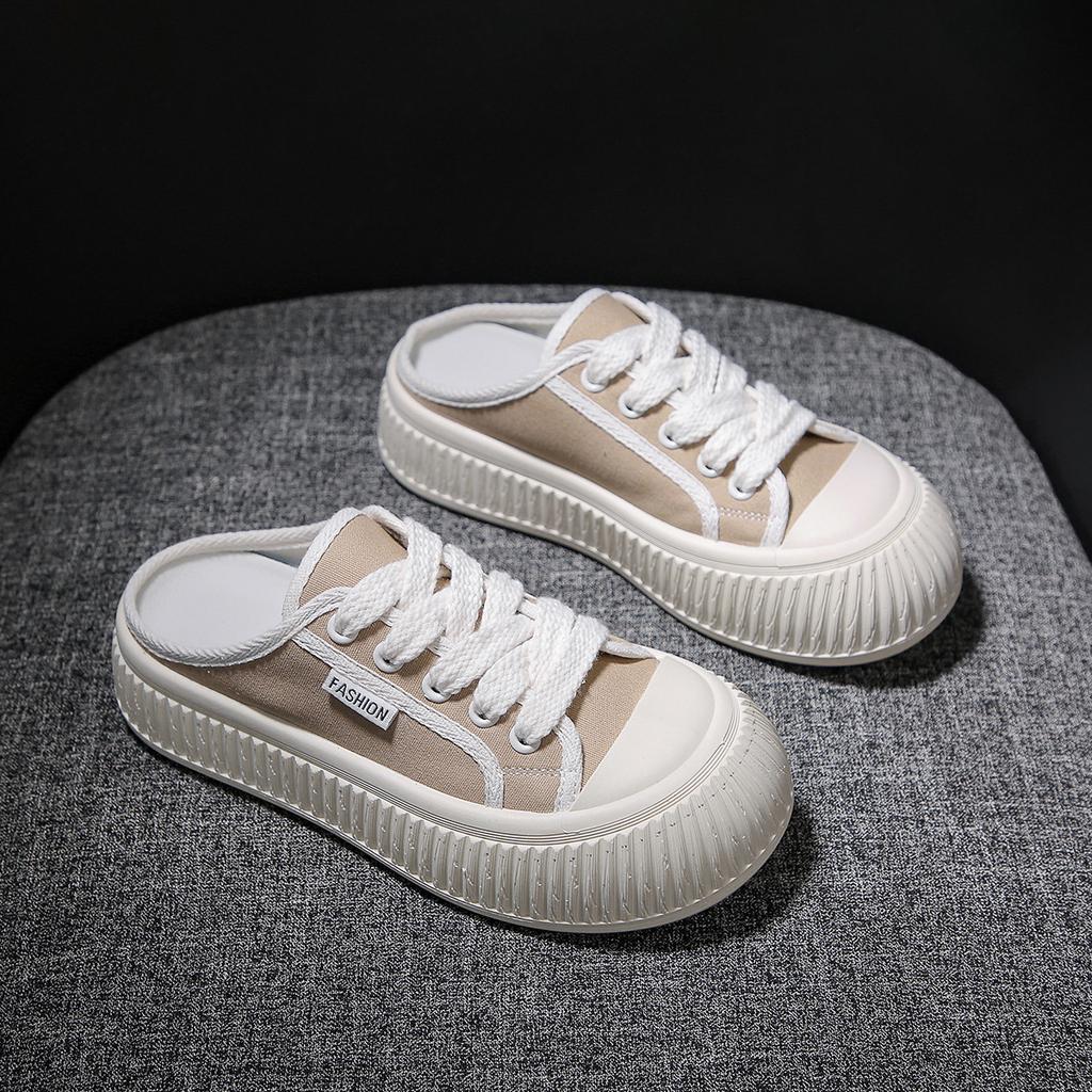 Half Dragged White Shoes for Women Breathable and Casual Canvas Shoes