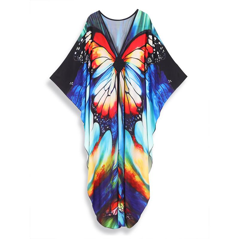 EDOLYNSA 2024 Plus Size Bunter Schmetterlingsdruck Handgestrickt V-Ausschnitt Lässiger Kaftan Damen Hauskleid Sommer Beachwear Badeanzug Cover Up Q1634