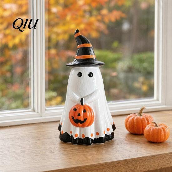 Halloween Ghost Decoration Figurine with Witch Hat, Cute Small Resin Smooth Texture Statue Holding Pumpkin for Home Table Shelf Desk Decor Seasonal