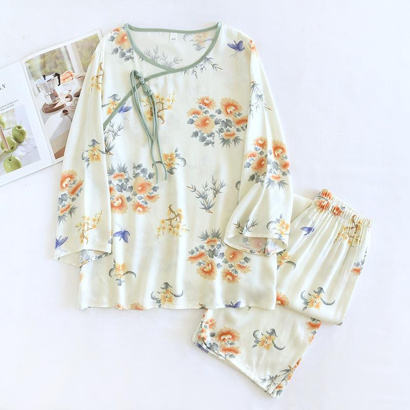 Nuovo Set Pigiama da Donna in Cotone Viscosa Primavera/Estate Bottone Cinese Arredamento per la Casa Set Due Pezzi con Stampa Sottile Pigiama