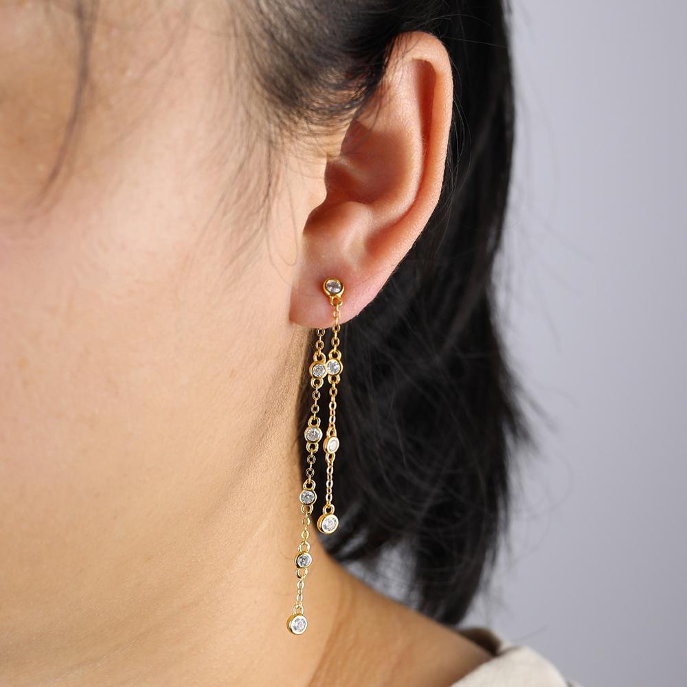 Bling Fashion Women Jewelry 5A Cubic Zirconia CZ 18K Gold Plated Double Chain Long Tassel Earring