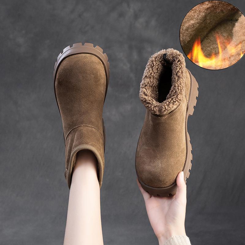 Fashion GKTINOO 2024 Winter New Wool Warm Cotton Boots Retro Versatile Nubuck Cowhide Thick Soled Women's Short Boots