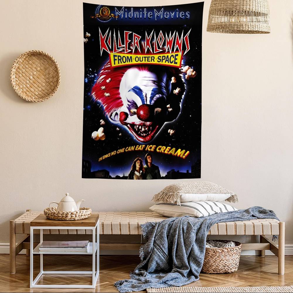 K-Killer Klowns From Outer Space Printed Large Wall Tapestry Cheap Hippie Wall Hanging Bohemian Wall Tapestries Mandala INS Home 100X70CM