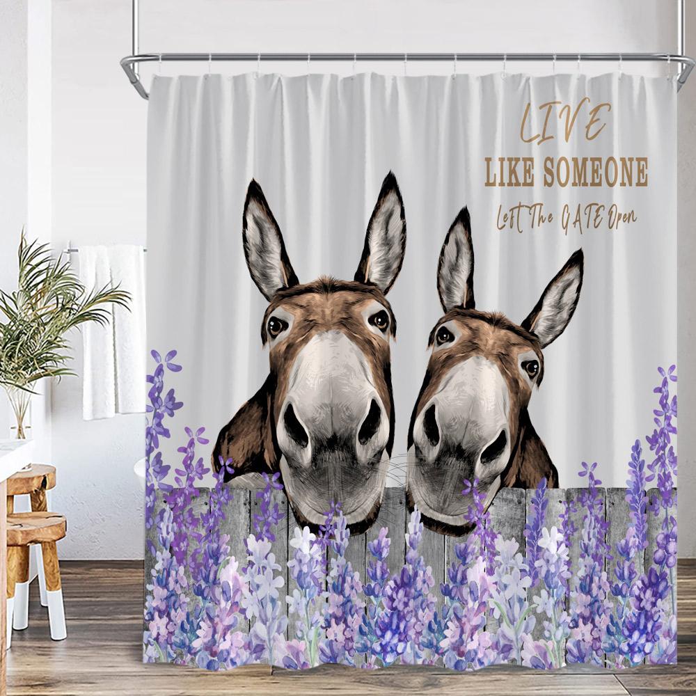 Farm Animal Print Shower Curtainh Funny Highland Cow Donkey Pig Horse Floral Vintage Wooden Plank Fence Retro Bathroom Curtain