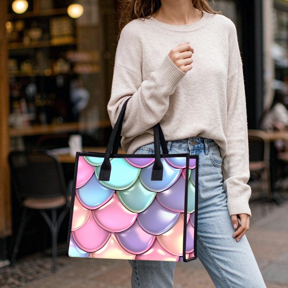 Iridescent Mermaid Scale Tote Bag Casual Daily Handbag Fashionable Portable Shoulder Bag for Shopping Travel Commute