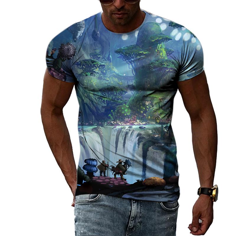Summer Boys Cartoon Landscape Hand Painted Graphic T Shirts Men Casual 3D Taste Kawaii Printed Round Neck Short Sleeve Tees Tops