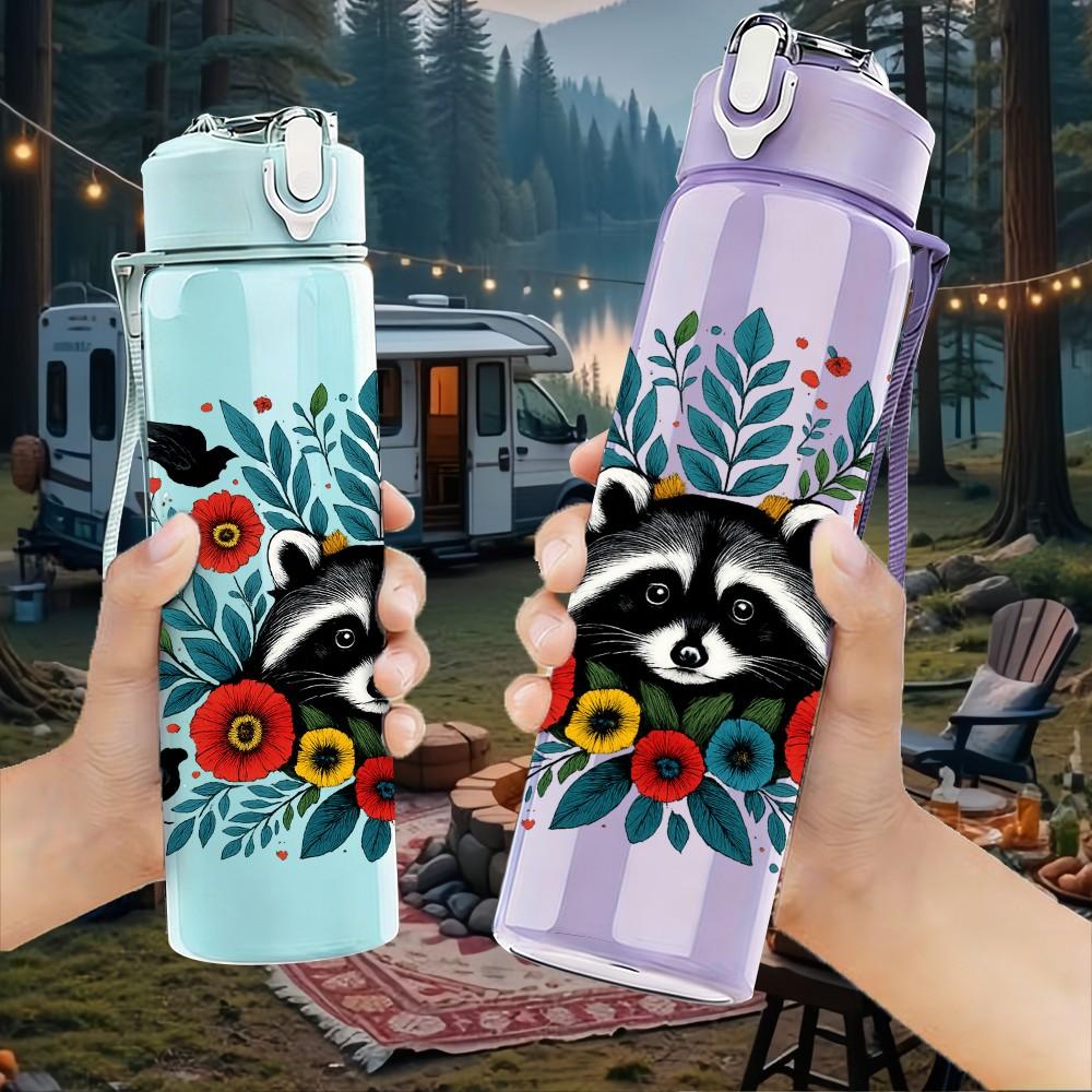 1PC Floral Raccoon Portrait 750ml Color Plastic Sports Water Bottle Leakproof Flip Straw Lid Suitable for Sports Office Home Use