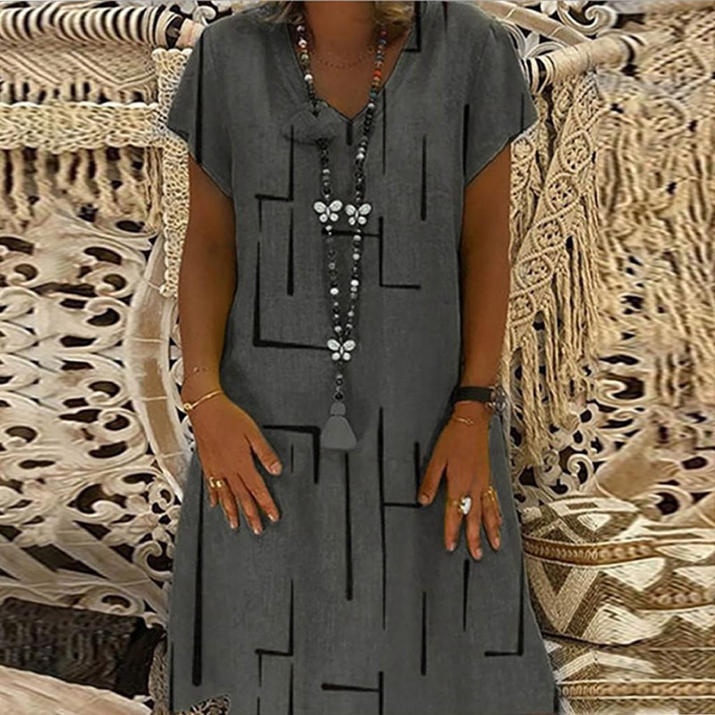 Folded Line Printing Loose Pullover Princess Dress V-neck Ladies Dress