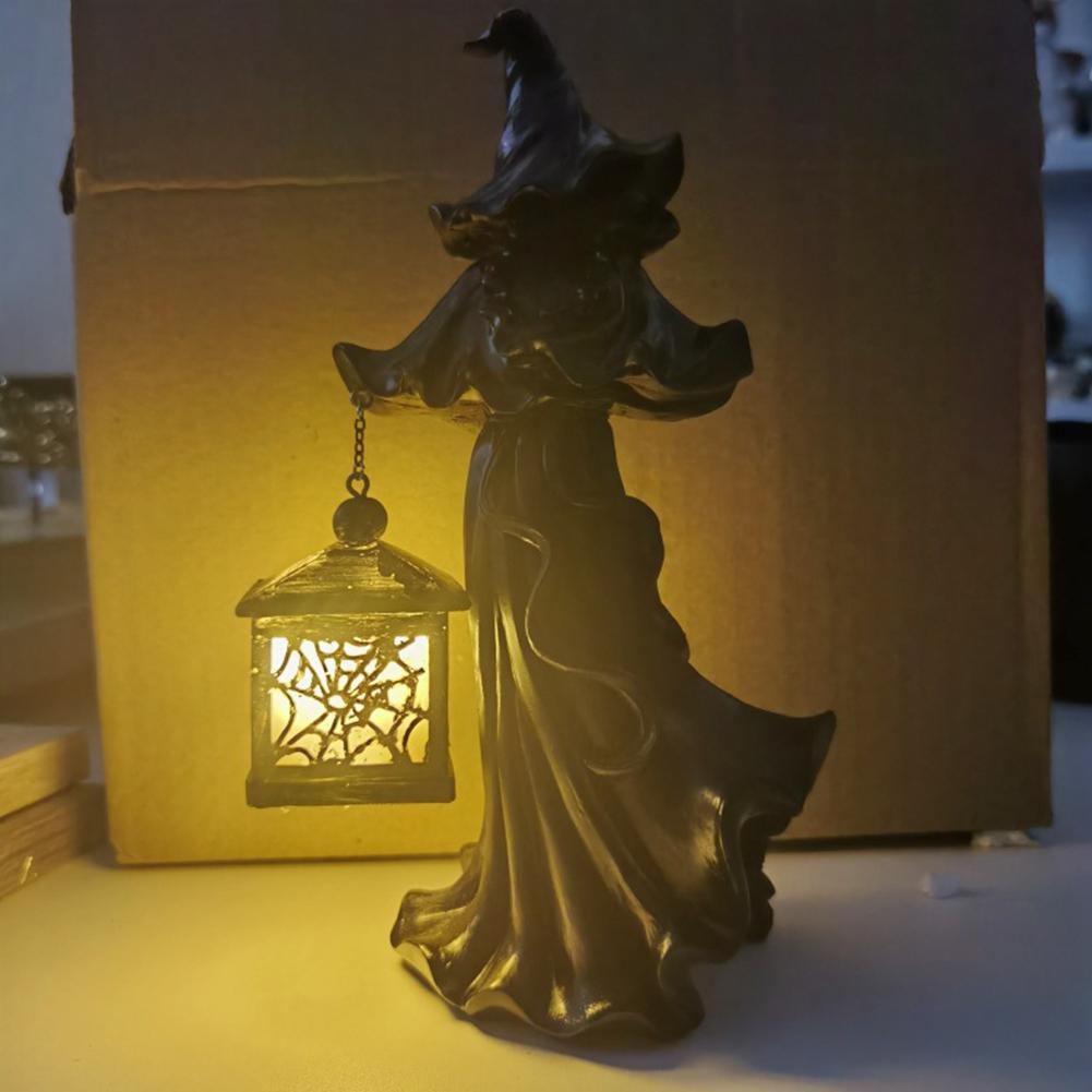 Halloween Witch Ghost Ornament Resin Horror Ambience Carrying Lights Spooky Ghost with Lantern Witch Statue Ghost Sculpture