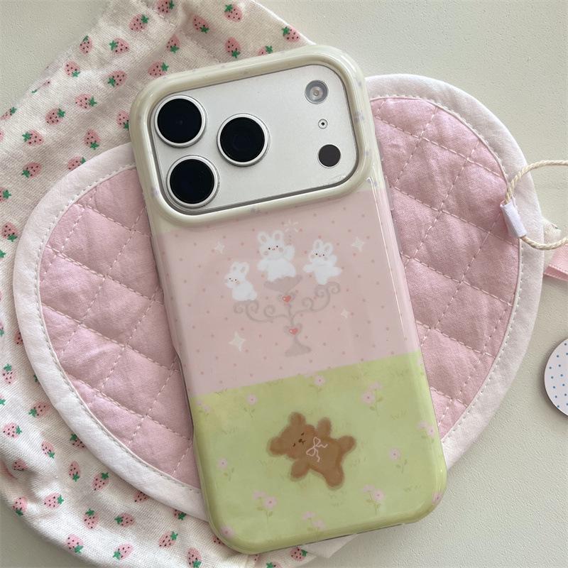 

Korean Style Pink & Green Floral Rabbit Bear Phone Case for iPhone 17/16 Pro Max/15/14. iPhone 16