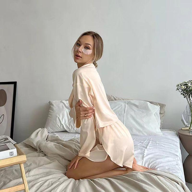 Fashion Summer Long-Sleeve Short Shirt Slit Shorts Two-piece Set Homewear Shirt and Shorts Set