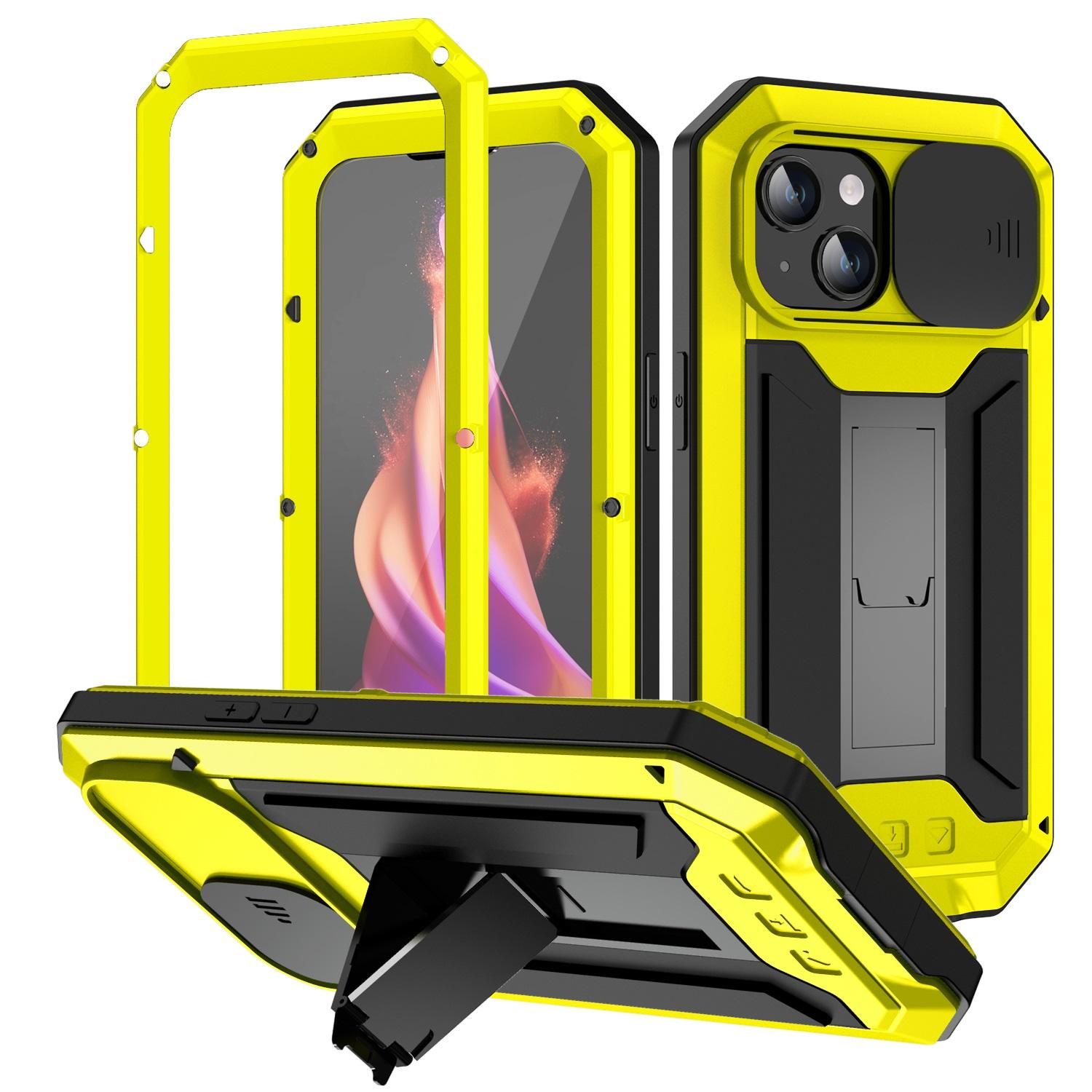

R-JUST For iPhone 15 Slide Camera Lid Silicone+Metal+Plastic Phone Case Kickstand Cover with Tempered Glass Screen Protector Yellow