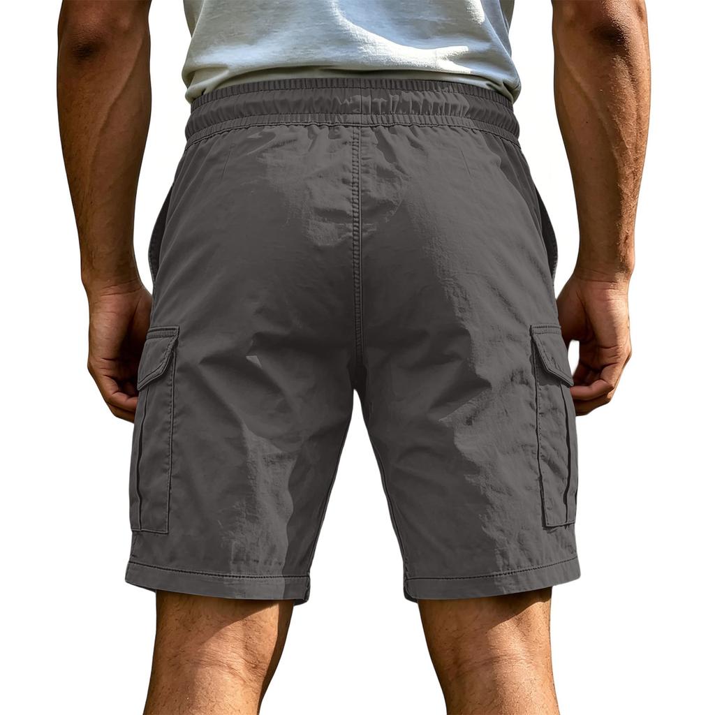 Men's Casual Cargo Shorts Elastic Drawstring Waist Multi-Pocket Summer Quick Dry Workout Solid Color Beach Short Pants