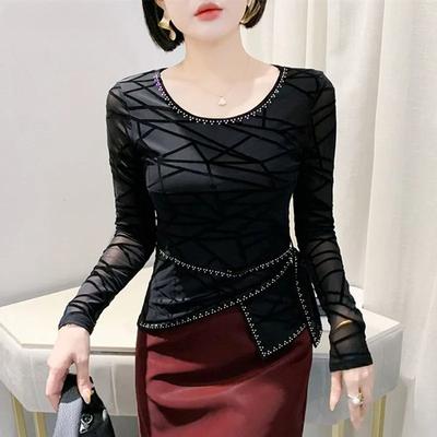 New Long Sleeve Striped Flocking T-shirt Women's O-Neck Hot Diamonds Tees Fashion Irregular Elastic Slim Tops Shirts