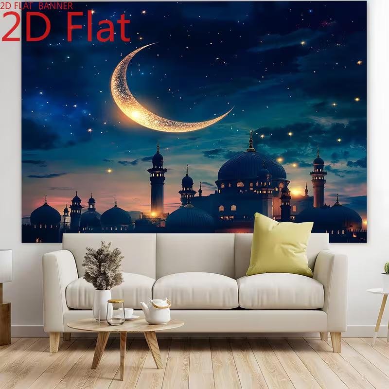 2D Islamic Mosque Crescent Moon Backdrop, Ramadan Festival Photography Background