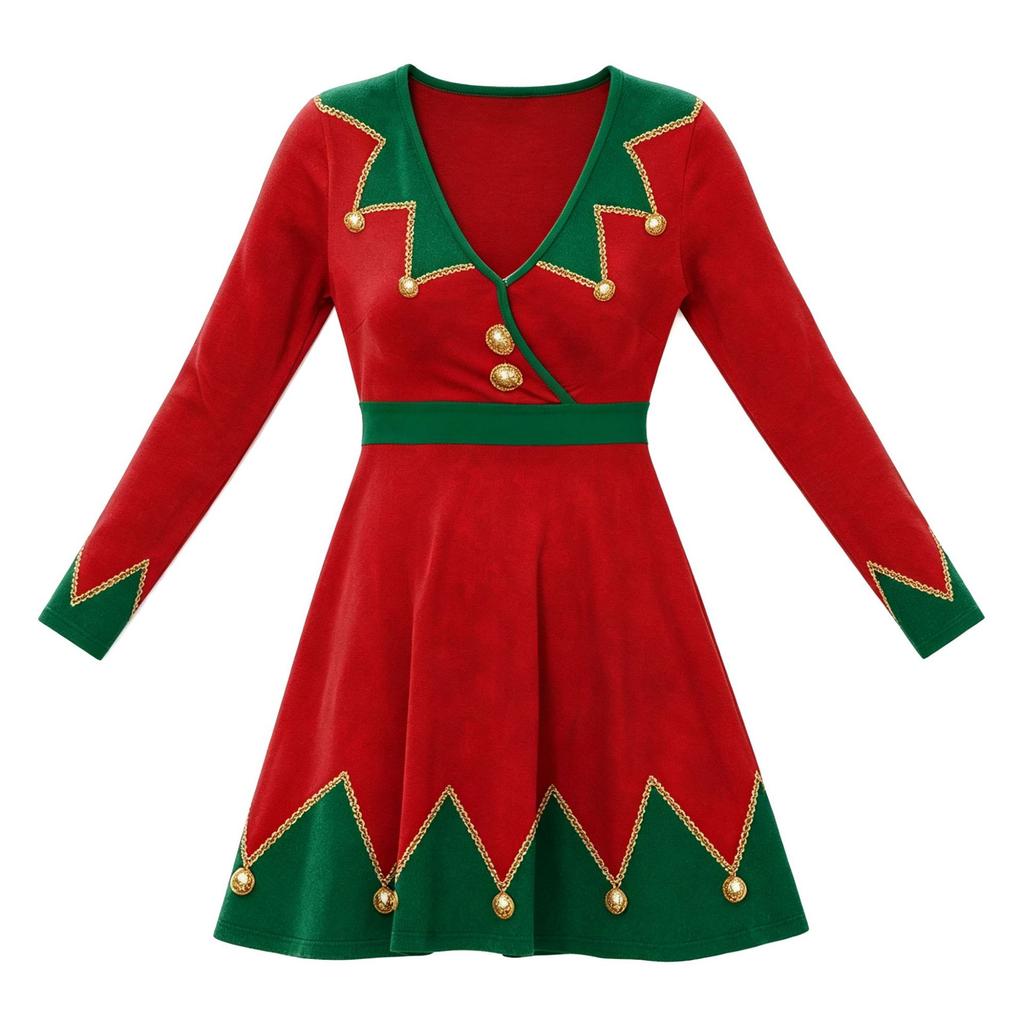 Christmas elf dress for women, red and green contrasting colors, long-sleeved V-neck, Christmas party waist A-word short skirt, performance costume