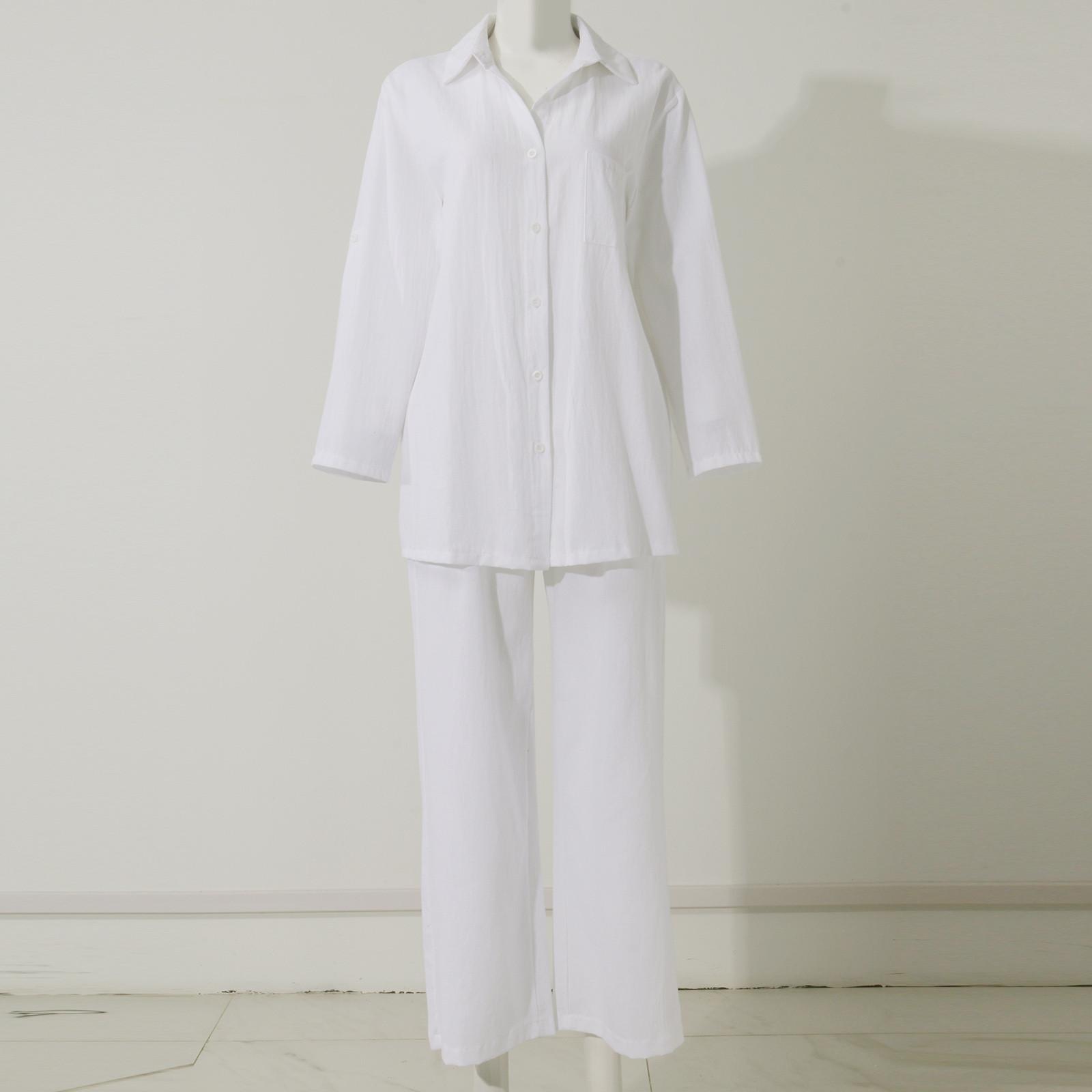 Модные женские повседневные однотонные рубашки с длинным рукавом из хлопка и льна — фото 7