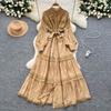 Retro court style lantern sleeve dress women's summer hollow crochet single-breasted light mature temperament royal sister long skirt