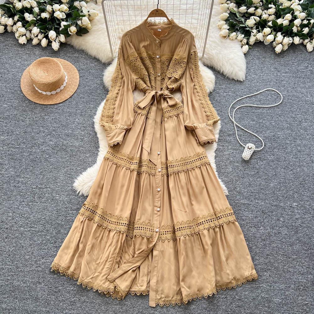 Retro court style lantern sleeve dress women's summer hollow crochet single-breasted light mature temperament royal sister long skirt