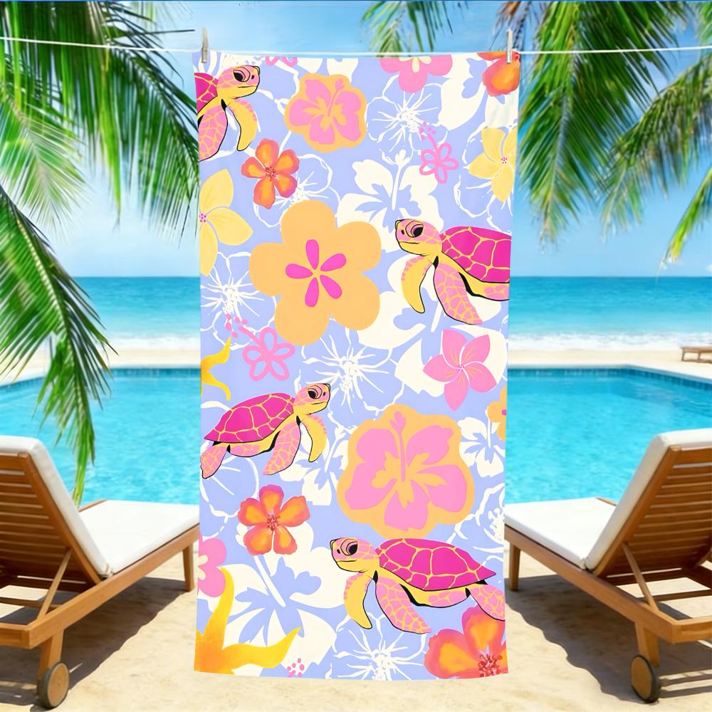 

Pastel Tropical Sea Turtle Beach Towel – Oversized Quick Dry Sand Free with Pink Hibiscus Print for Summer Getaways W30*H60(CM)